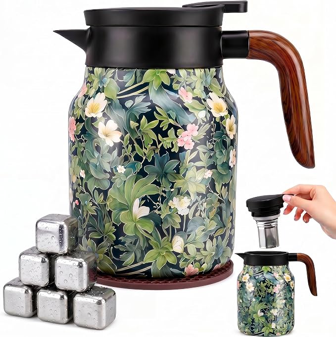 Insulated Stainless Steel Teapot, 35 Oz Vintage Floral Design with Removable Tea Infuser, 12Hr Hot & Cold Retention for Home Kitchen(Retro Floral Green)