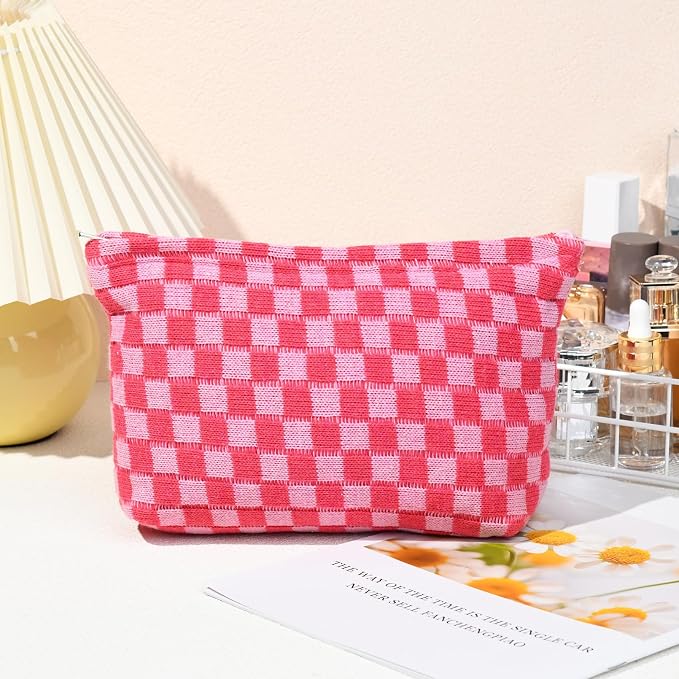 SOIDRAM 2 Pieces Makeup Bag Large Checkered Cosmetic Bag Capacity Canvas Travel Toiletry Bag Organizer Cute Makeup Brushes Aesthetic Accessories Storage Bag for Women, Rose Red checkered