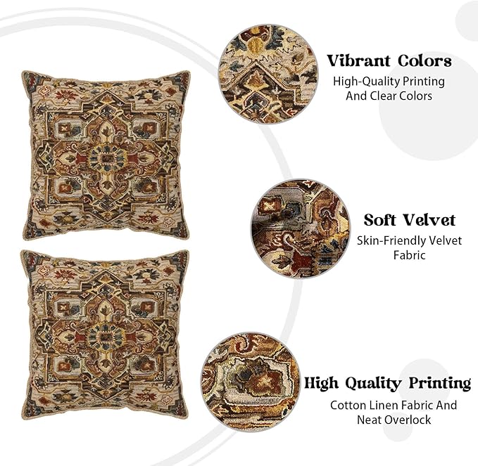 KSLIDS Boho Brown Soft Velvet Throw Pillow Covers Set of 2 Vintage Bohemian Rug Carpet Decorative Pillow Covers 20x20 Inch Antique Ethnic Pillow Case for Sofa Couch Living Room Home Decor