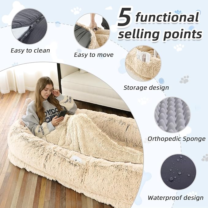 WROS Human Dog Bed for Adult, 71"x45"x12" Giant Calming Nest Beds, Beige | Washable Soft Faux Fur Cover, Orthopedic Foam Support, Non-slip Bottom, Includes Blanket, Strap & Pillow