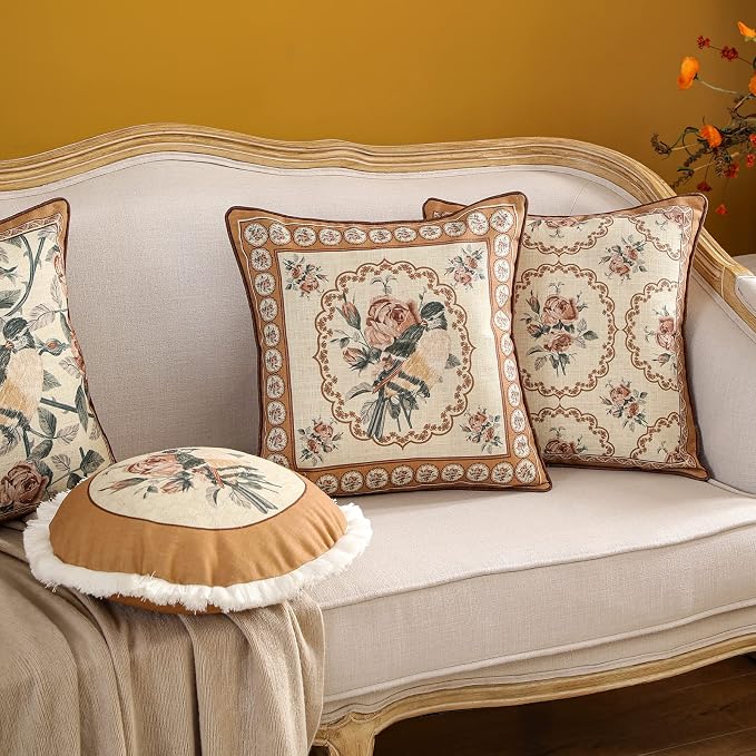 patdrea French Vintage Linen Pillow Cover,Diameter 16"-ParkerEstate D | Decorative Pillow Case with Zipper,Bird and Floral Pattern,Cushion Coverfor Couch Living Room Bedroom Sofa