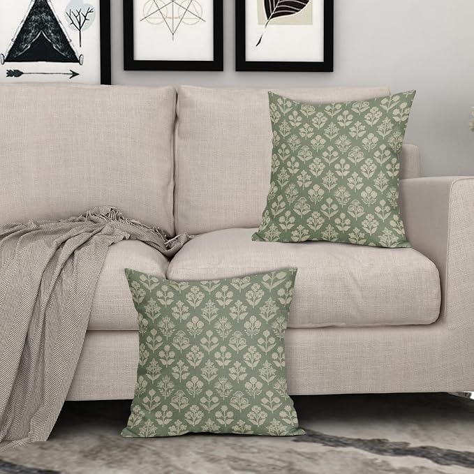 Sage Green Floral Block Print Pillow Covers 20x20 Inch Set of 2, Vintage Flower Pattern Decorative Throw Pillowcases Outdoor Farmhouse Cushion Covers Spring Summer Rustic Sofa Couch Bed Decor