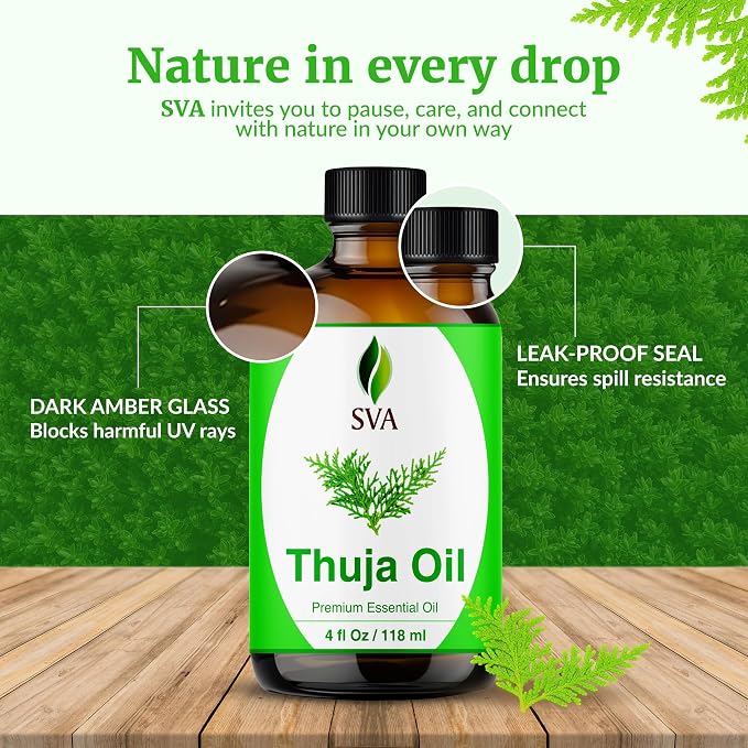 SVA Thuja Essential Oil 4 Fl Oz – for Diffuser, Skin & Hair Care – Ideal for Massage & DIY Blends - with Dropper