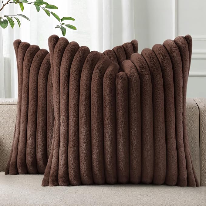 Pallene Faux Fur Decorative Throw Pillow Covers 16x16 Set of 2, Chocolate | Luxury Plush Texture, Striped Design, Cozy Soft Touch, Modern Home Accent Decor for Couch, Sofa, Bed, Living Room
