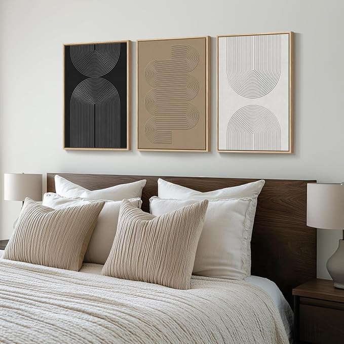Framed Black and White Neutral Abstract Wall Art set, 3 Piece Cnavas Prints | Black White Brown Paintings, Modern Artwork for Walls, Minimalist Pictures, Living Room Bedroom Office Wall Decor 16x24 Inch