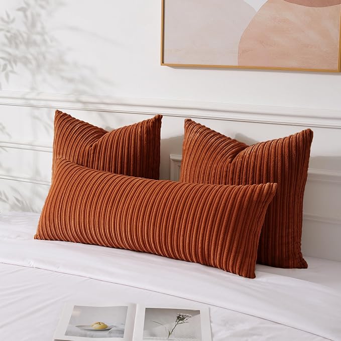 UGASA Fall 14x36 Inch Pillow Cover Pack of 1 Soft Boho Stripe Corduroy Large Long Rectangle Lumbar Cushion Case Farmhouse Decorative Throw Pilowcase for Bed, Couch, Sofa, Bedroom, Burnt Orange