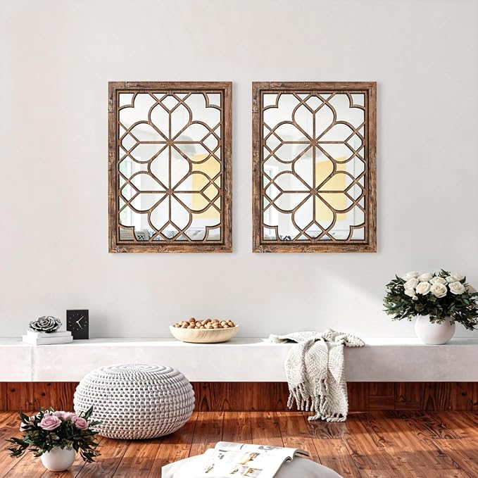 Set of 2 19x26 Inch Large Maroon Shatterproof Rectangular Wall Mirrors, Boho Rustic Farmhouse Vintage Accent Mirrors for Living Room Bedroom Entryway Dining Room & Home Decor