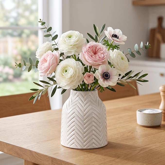 hjn White Vase for Flowers Ceramic Vase for Decor, Modern Decorative Vase, Vases for Your Kitchen/Office/Living Room/Bookshelf/Mantel - White Texture(Small)