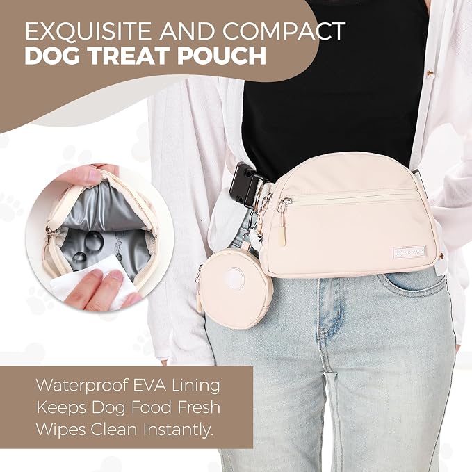 Dog Treat Pouch Pet Training Walking Fanny Pack with Built-in Poop Bag Dispenser & Waste Bag Holder | Stylish Puppy Training Essentials Supplies | Free Dog Clicker (Cream)