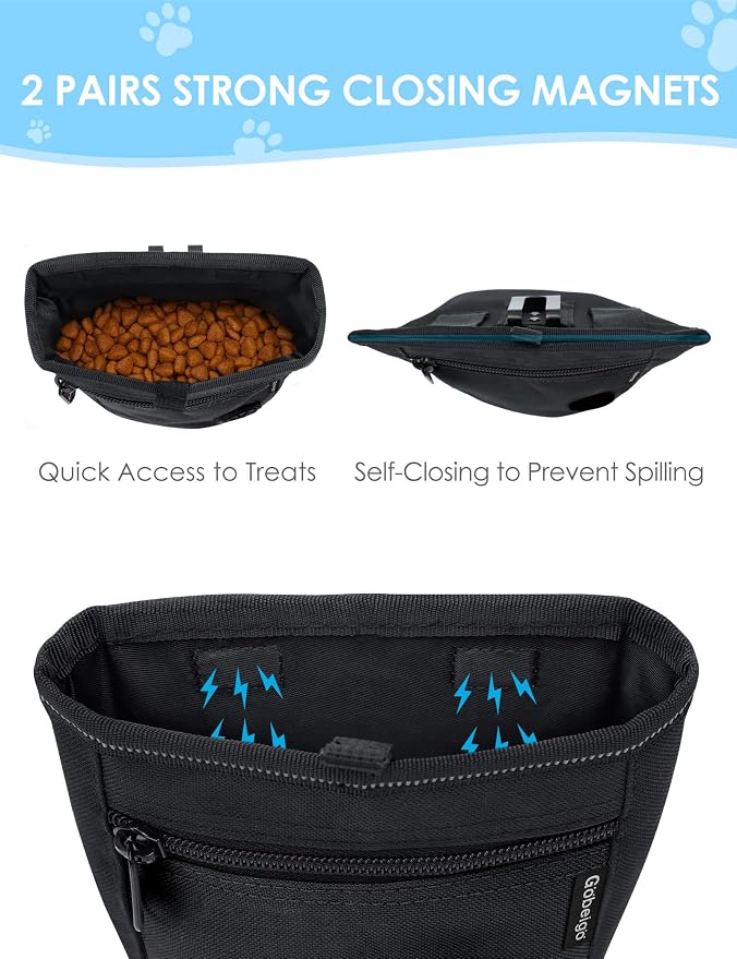 Gobeigo 2 Cup Magnetic Closure Dog Treat Pouch with Training Clicker(Black) | 2 Pair Magnetic Closures, Zipper Pocket with Poop Bag Holder, Waist Belt & Metal Clip to Wear for Pet Training/Daily Walking
