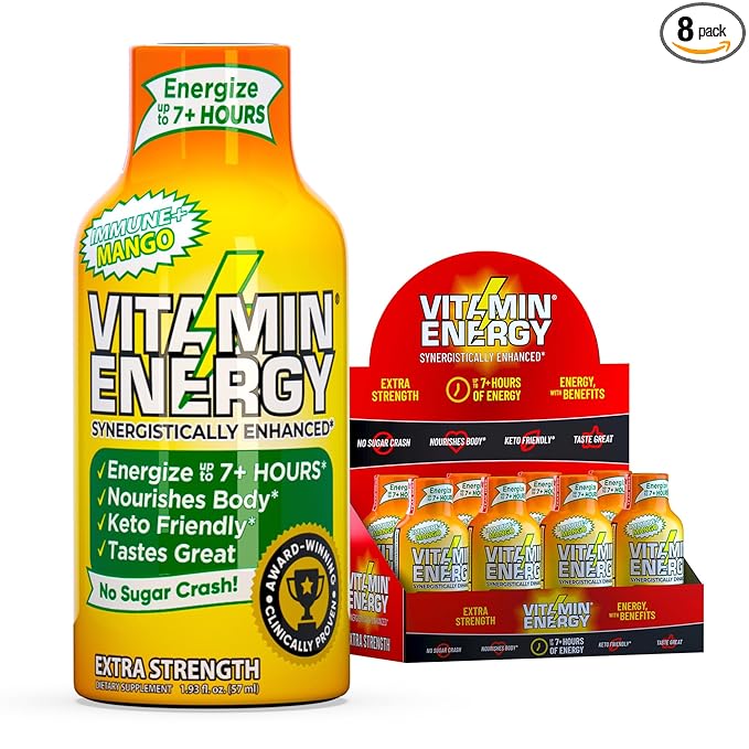Vitamin Energy Immune+ Extra Strength Energy Shot Mango 8 Pack, 260mg Natural Caffeine, B-Vitamins, Citicoline, Green Tea, Immunity & Focus Support, Zero Sugar, Gluten-Free 1.93 fl oz