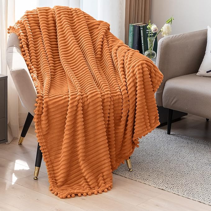 DISSA Fleece Blanket Twin Size – 60x80, Orange – Soft, Plush, Fluffy, Fuzzy, Warm, Cozy – Perfect Throw for Couch, Bed, Sofa - with Pompom Fringe - Flannel Blanket Throw Blanket