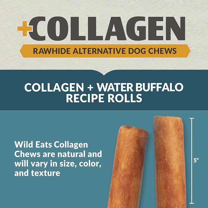 Wild Eats Water Buffalo Collagen Cheek Rolls 5" Chew 4pk Pig Ear Substitute | Long lasting treats and bones for medium dogs, retriever style texture, 4 per bag, satisfies natural gnawing urges daily
