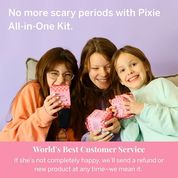Pixie Organic Cotton Pad Kit for Girls – 64ct Mini & 48ct Regular Pads with Wipes – Leak-Proof with Wings – Perfect for Teens & Light to Average Flow