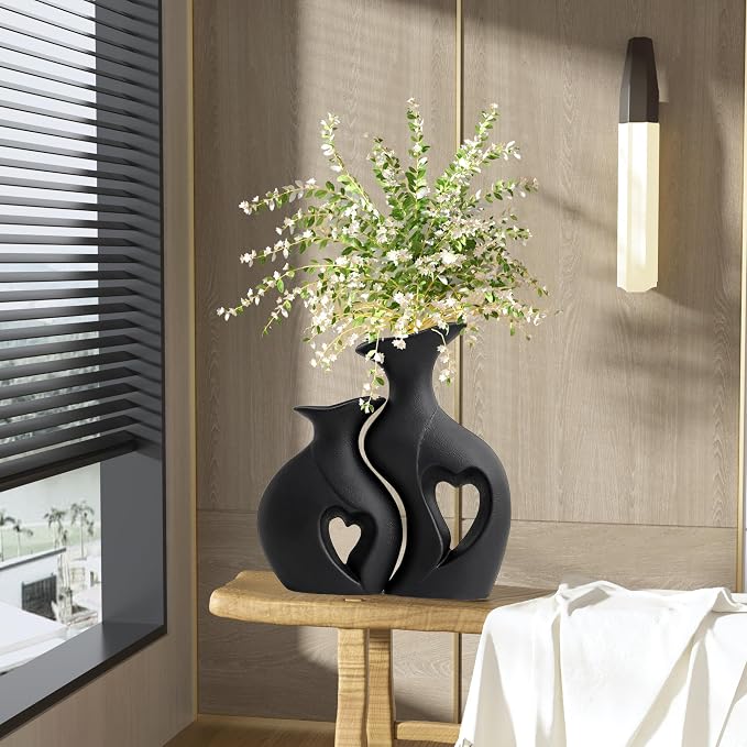 XL Black Snuggle Hollow Ceramic Flower Vase Home Decor Set of 2 | Heart Shaped, Minimalist, Decorative Flower Vase for Wedding,Living Room,Dining Table,Bedroom,Entryway,H 10.1 inches