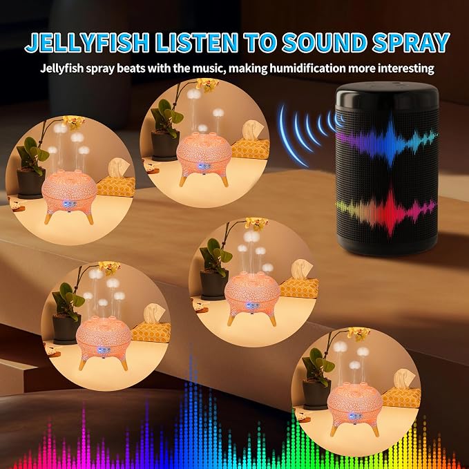 KCKJ Jellyfish Essential Oil Diffuser Sound-Activated Spray Dancing Jellyfish,250ml Aroma Air Diffuser, 3 Mist Modes & 7 Color Lights, Volcanic Lava Design for Home Bedroom(White Crack)