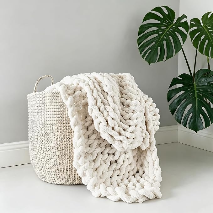 Soft Chunky Knit Throw Blanket for Couch, Cozy Warm Knitted Blankets | Hand Knit with Jumbo Chenille, Lightweight Warm Fluffy Decor for Women, Mom, Her & Girls, Sofa, Chair, Bed, 40"×60" (Beige)