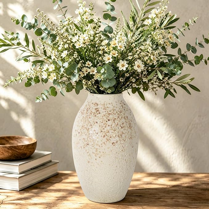 Cream Ceramic Flower Vase Speckled Bubble Glaze Home Decor | 7.08 Inch Rustic Table Vase, Decorative Ornament for Living Room,Office,Wedding,Birthday