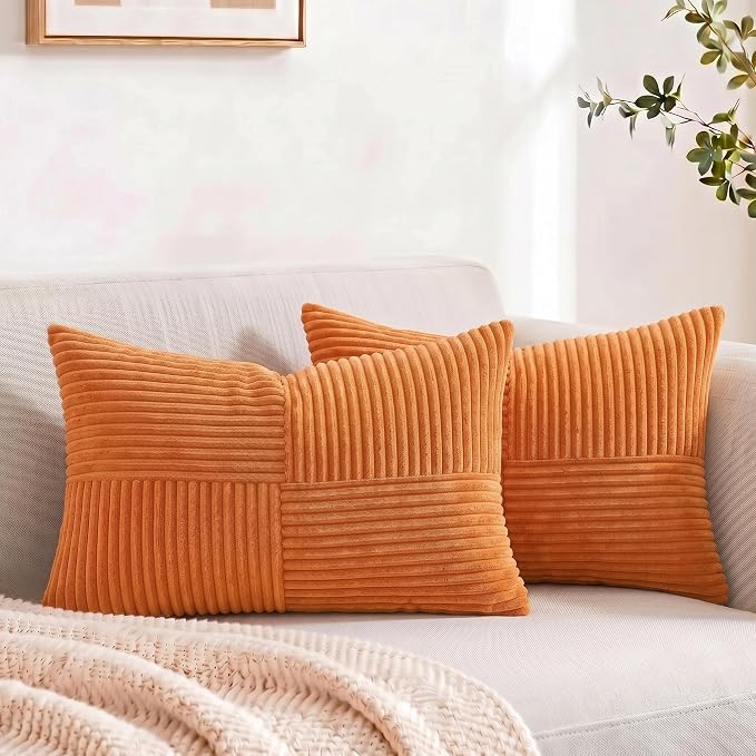 Fancy Homi 2 Packs Orange Lumbar Decorative Throw Pillow Covers 14x22 Inch for Living Room Couch Bed Sofa, Farmhouse Boho Home Decor, Soft Striped Corduroy Rectangle Accent Cushion Case 35x55 cm
