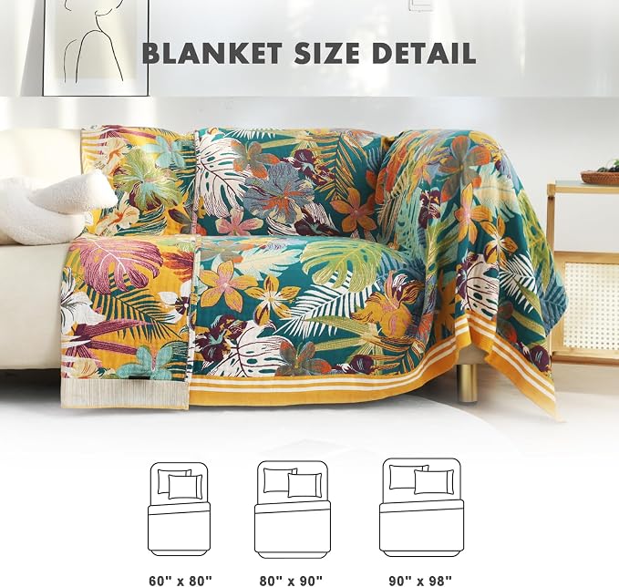 MSGKV Boho Throw Blanket 60"x80" Cotton Floral Blanket for Couch Sofa Bed | Super Soft Muslin, Everyday Comfort, Living Room Decor, Bedroom Decor, Breathable Lightweight, Machine Washable, Cozy Comfort