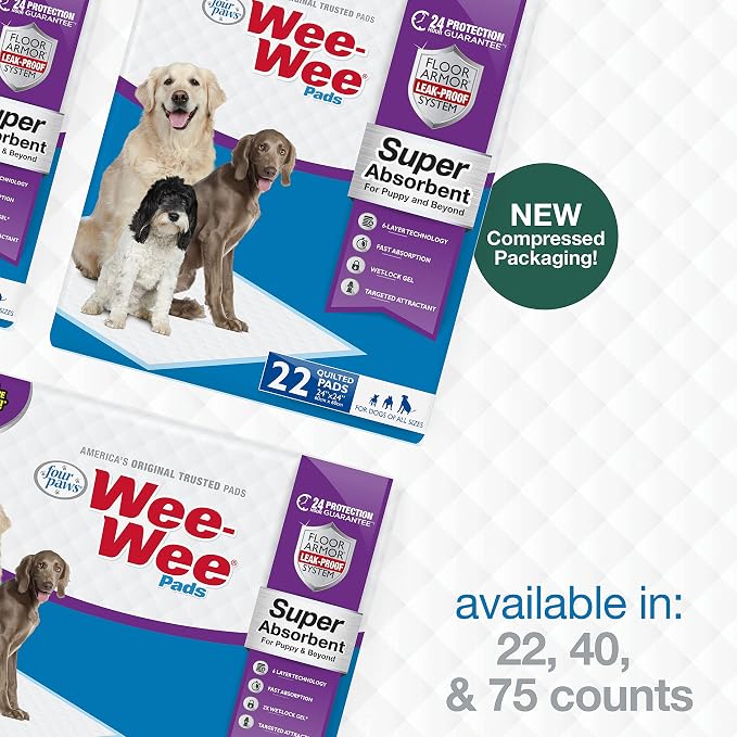 Four Paws Wee-Wee Super Absorbent Pads for Dogs, 75 Count | Leak-proof puppy pads, locks in wetness, dog housebreaking & potty training, all day floor protection, 24" x 24"