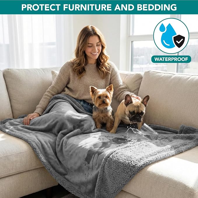 PetAmi Waterproof Dog Blanket for Medium Large Dog Pet, 60x40, Light Grey | 460 GSM Sherpa Fleece Reversible, Pee Proof Cat Blanket, Furniture Protector Cover for Couch Bed Sofa Kennel, Washable, Large