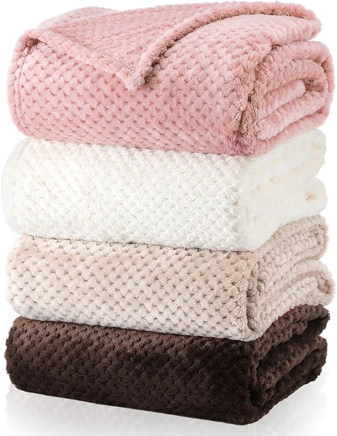Newwiee 4 Pcs Flanne Fleece Throw Blanket for Bed Couch Large 3D Waffle Textured Soft Blanket Winter Warm Lightweight No Shedding No Pilling Decorative Throw, 50x60 Inch(Graceful Color)