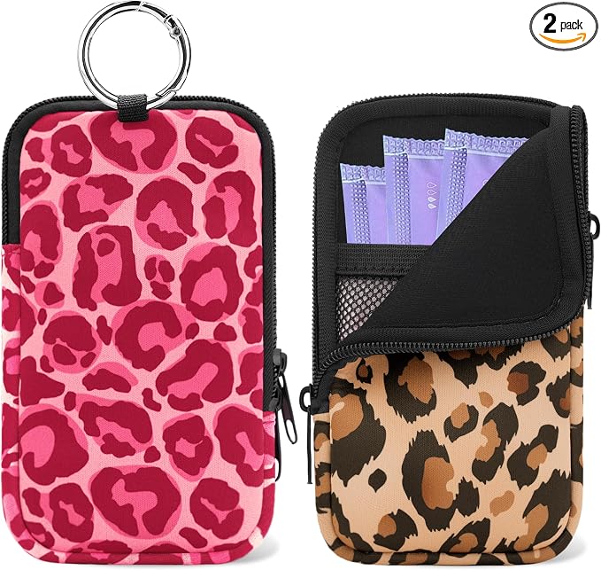 2 Pack Portable Tampon Holder Zippered Pouch with Snap Hook, Waterproof Travel-Friendly Discreet Period Bag, Feminine Products Organizer for Women Purse (Leopard)