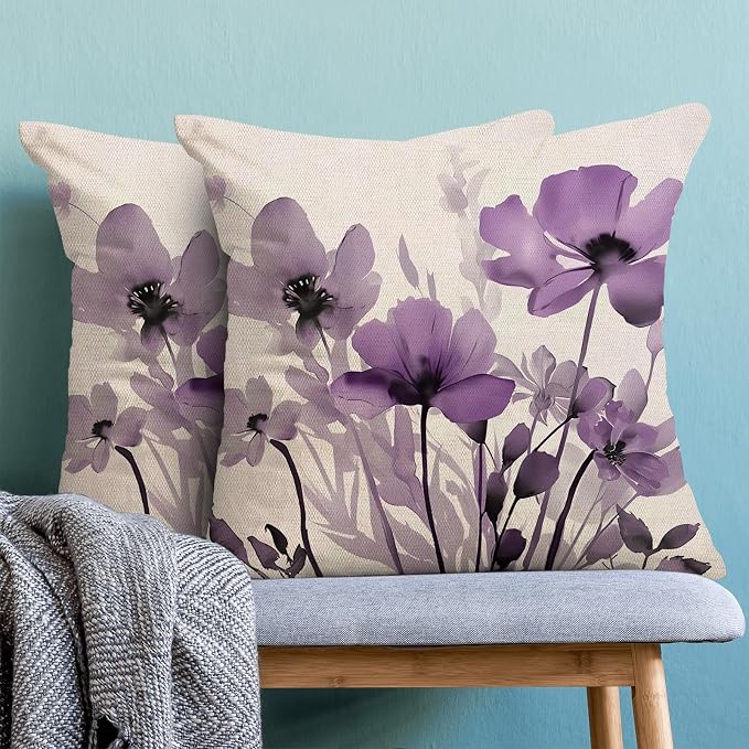 Spring Floral Pillow Covers 18x18 Inches Set of 2,Purple Floral Throw Pillow Covers Outdoor Summer Flower Decoration Pillowcase Farmhouse Decorative Square Cushion Cover Decor for Home Sofa