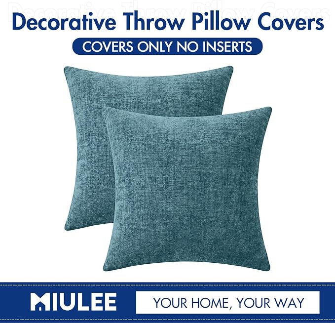 MIULEE Soft Chenille Throw Pillow Covers Blue Ashes 18x18 Inch Pack of 2 | Modern Coastal Home Decor, Classic Decorative Pillows, Solid Dyed Cases, Boho Couch Cushion Covers for Sofa Bed Living Room