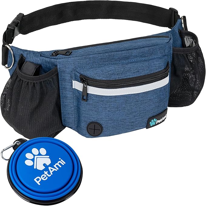 PetAmi Dog Fanny Pack, Treat Pouch for Dog Walking Training, Navy Blue | Built in Poop Bag Dispenser, Water Bottle Holder, Collapsible Bowl, Pet Treat Waist Belt for Hiking Running Kibbles