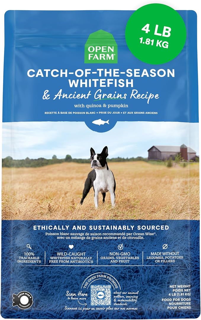 Open Farm Ancient Grains Dry Dog Food Wild Caught Whitefish Kibble, 4lb Bag | All Life Stages, All Breed Sizes, Protein-Rich & Nutrient Dense, 100% Traceable Ingredients, Non-GMO Fruits & Veggies.