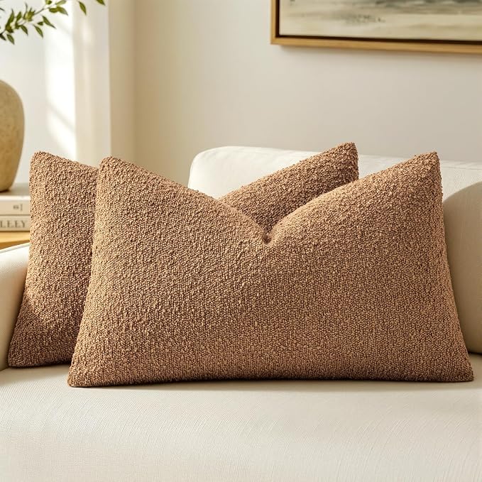 MIULEE 12x20 Decorative Lumbar Boucle Couch Pillow Covers Tobacco | Set of 2 Textured Neutral Fall Autumn Throw Pillow Covers, Accent Solid Pillowcases, Sofa Living Room Home Decor