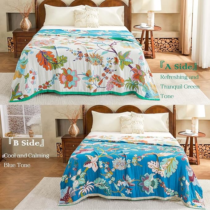 XIBLC Summer Throw Blanket, 60"x80" Reversible Bohemian Flower Blanket, 100% Cotton Muslin Breathable Woven, Farmhouse Decorative Throw Blanket