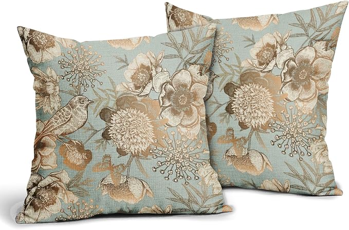 Vintage Floral Pillow Covers 16X16 Inch Set of 2 Rose Gold Flowers Bird Butterfly Decorative Pillow Cases Blue Brown Cotton Linen Cushion Case Farmhouse Home Decor for Sofa Couch Living Room