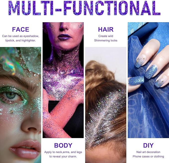 Roll-on Holographic Body Glitter Gel for Face and Hair, Chameleon Color Changing Glitter Gel Under Light, Chunky Mermaid Sequins Festival Party Rave Accessories Body Shimmer Makeup (Purple)