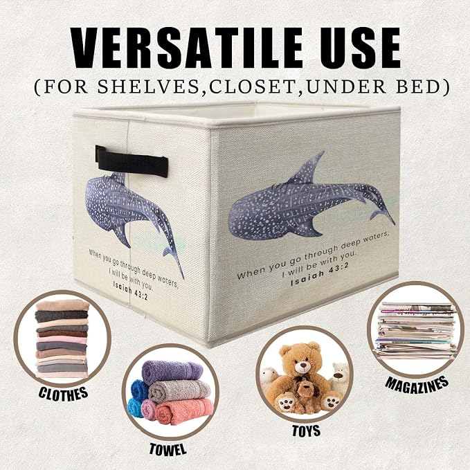 Ocean Whale Shark Christian Storage Bins Basket, Coastal Isaiah 43:2 Bible Verses Collapsible Fabric Storage Box Organizer Toybox for Bedroom Bathroom Clothes Books Toys