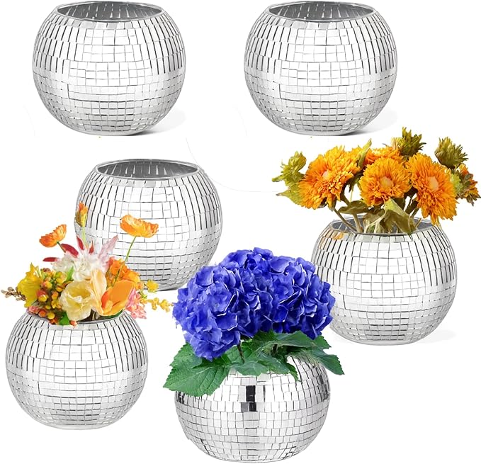 6Pcs Disco Ball Vase Set – Mirror Vases for Table Centerpieces, Real Glass Mosaic Flower Planter for Wedding, Birthday, Home Décor & Party Decoration – Sparkling Retro Disco Ball Home Accent