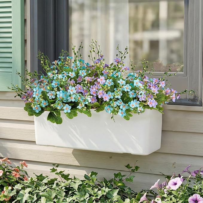 RM ROOMERS Artificial Flowers Plants for Outdoors, Fake Flowers Blue&Purple | Forget-me-not UV Resistant Faux Flower for Garden Porch Windowbox Front Door Yard Table, No Fade Home Vase Decor (4 Bundles)