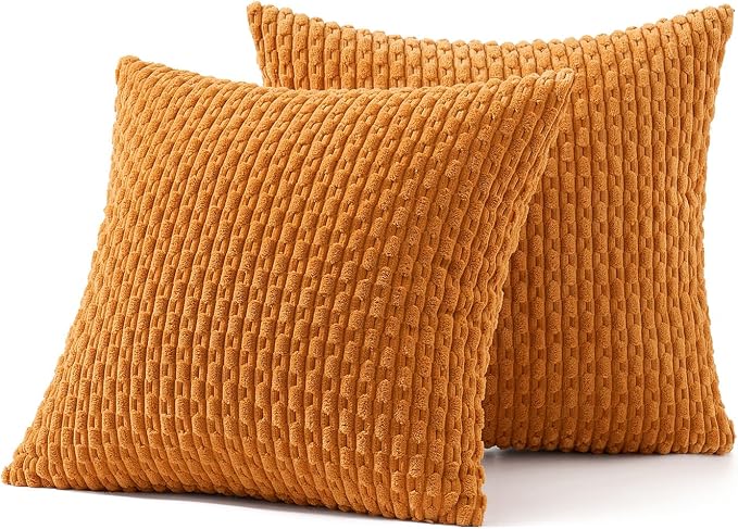 MIULEE Decorative Throw Pillow Covers 16x16 Fall Burnt Textured Corduroy | Orange Pack of 2 Striped Pillow Covers Modern Farmhouse Autumn Home Decor for Couch Bed Sofa Living Room