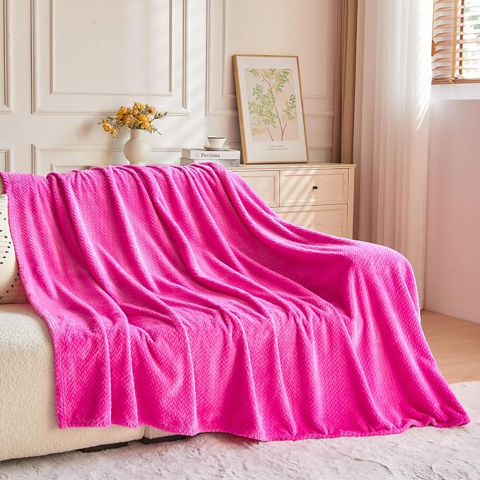 NEWCOSPLAY Fleece Leaves Pattern Queen Blanket, Hot Pink, 90"x90" | Super Soft Throw Blanket, Lightweight Cozy Bed Sofa Blanket, Premium Silky Flannel Fleece, Travel Blanket for All Season Use