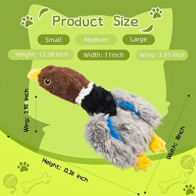 Extra-Plush Stuffing-Free Duck Dog Toy, Soft Plush Squeaky Toy with 2 Squeakers and Crinkle Wings for Small Medium Dogs, Long Pile Toy for Gentle Chewers