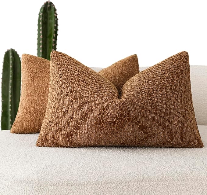Foindtower Pack of 2 Textured Boucle Throw Pillow Covers Accent Solid Decorative Lumbar Pillow Cases Cozy Couch Cushion Case for Chair Sofa Bedroom Living Room Home Decor 12x20 Inch Hazel Brown