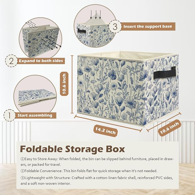 Blue and White Floral Storage Box Bins, Chinoiserie Flower Botanical Collapsible Storage Basket Organizer for Bedroom Laundry Room Home Clothes Books, Decor for Room