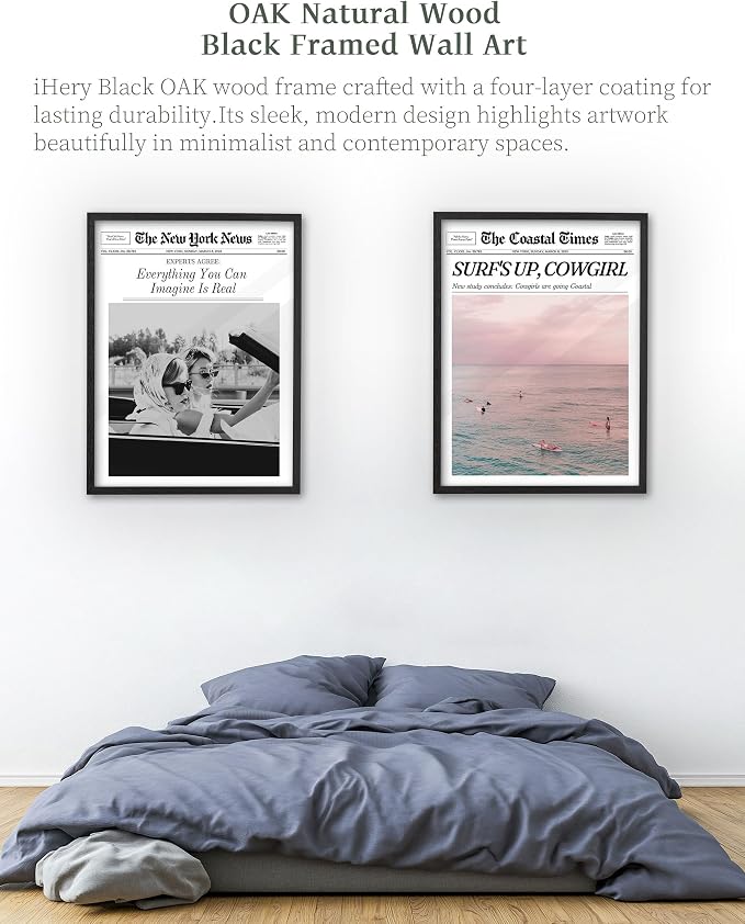 iHery 12x16in Surf’s Up Cowgirl Black Framed Newspaper Wall Art | Premium Black Natural OAK Wood Frame with Canvas Print, Coastal Cowgirl Decor for Bedroom, Dorm, Living Room 1Pack