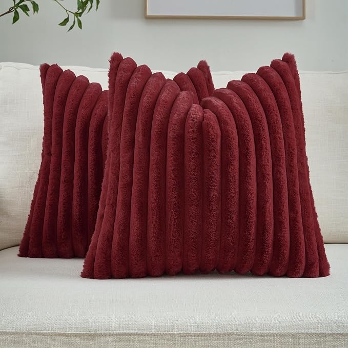 FUTEI Pack of 2 Faux Fur Throw Pillow Covers 24x24 Inch, Burgundy | Fluffy Faux Rabbit Fur Front/Premium Velvet Back,Hidden Zipper,Machine Washable,Non-Shedding,Colorfast,Insert Not Included.