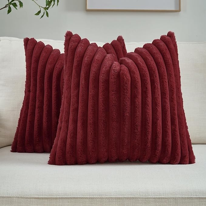 FUTEI Pack of 2 Faux Fur Throw Pillow Covers 18x18 Inch, Burgundy | Fluffy Faux Rabbit Fur Front/Premium Velvet Back,Hidden Zipper,Machine Washable,Non-Shedding,Colorfast,Insert Not Included.