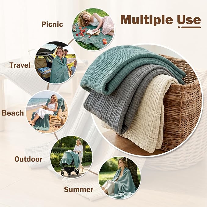 EMME Muslin Throw Blanket for Adults 100% Cotton Blankets for Couch 4-Layer Summer Breathable Gauze All Season Soft and Lightweight Pre-Washed (Teal, 50"x71")