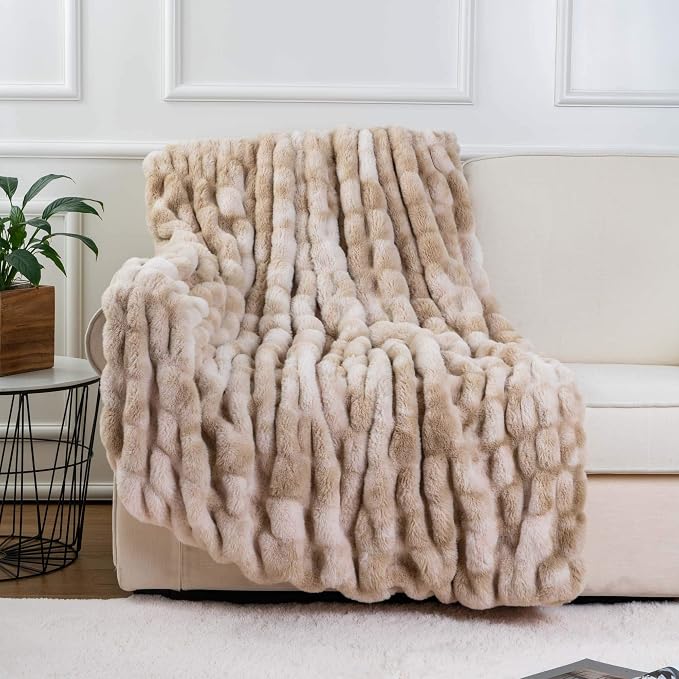 BATTILO Luxury Faux Fur Throw Blanket for Couch, 50"x60", Tie-dye-Beige