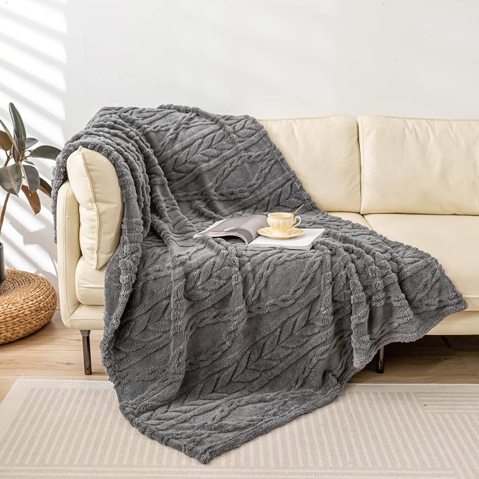 YUSOKI Sherpa Fleece Large Throw Blanket, Grey, 50"x65" | 3D Stylish Design,320GSM, Non-Shedding, Lightweight for All Season Use, stays fluffy after repeated washes, Perfect Gifts